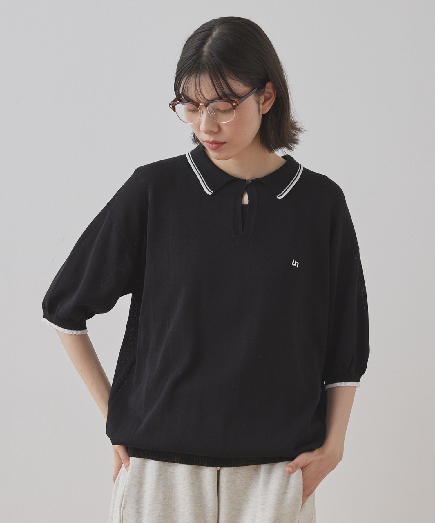 【税込】 Unblend】ワンポイント刺繍 サマーニット 配色ラインデザイン トップス