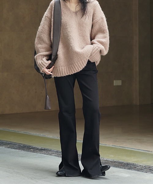 ストレッチフレア ブラック5ポケットパンツ chw22a109-ファッション