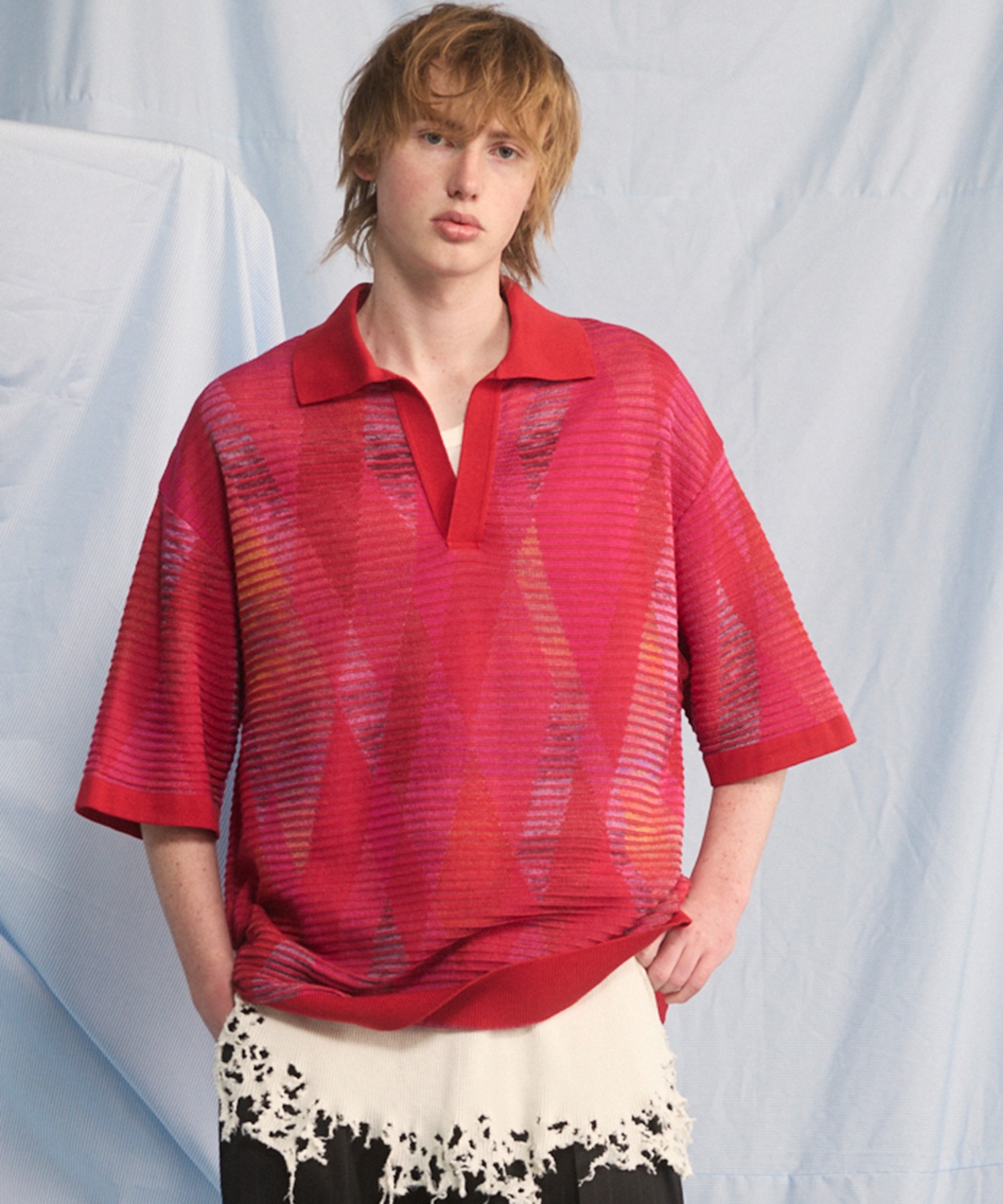 UNISEX Dry-touch Border Argyle Prime-Over Skipper Knit T-shirt — трикотажная футболка MAISON SPECIAL