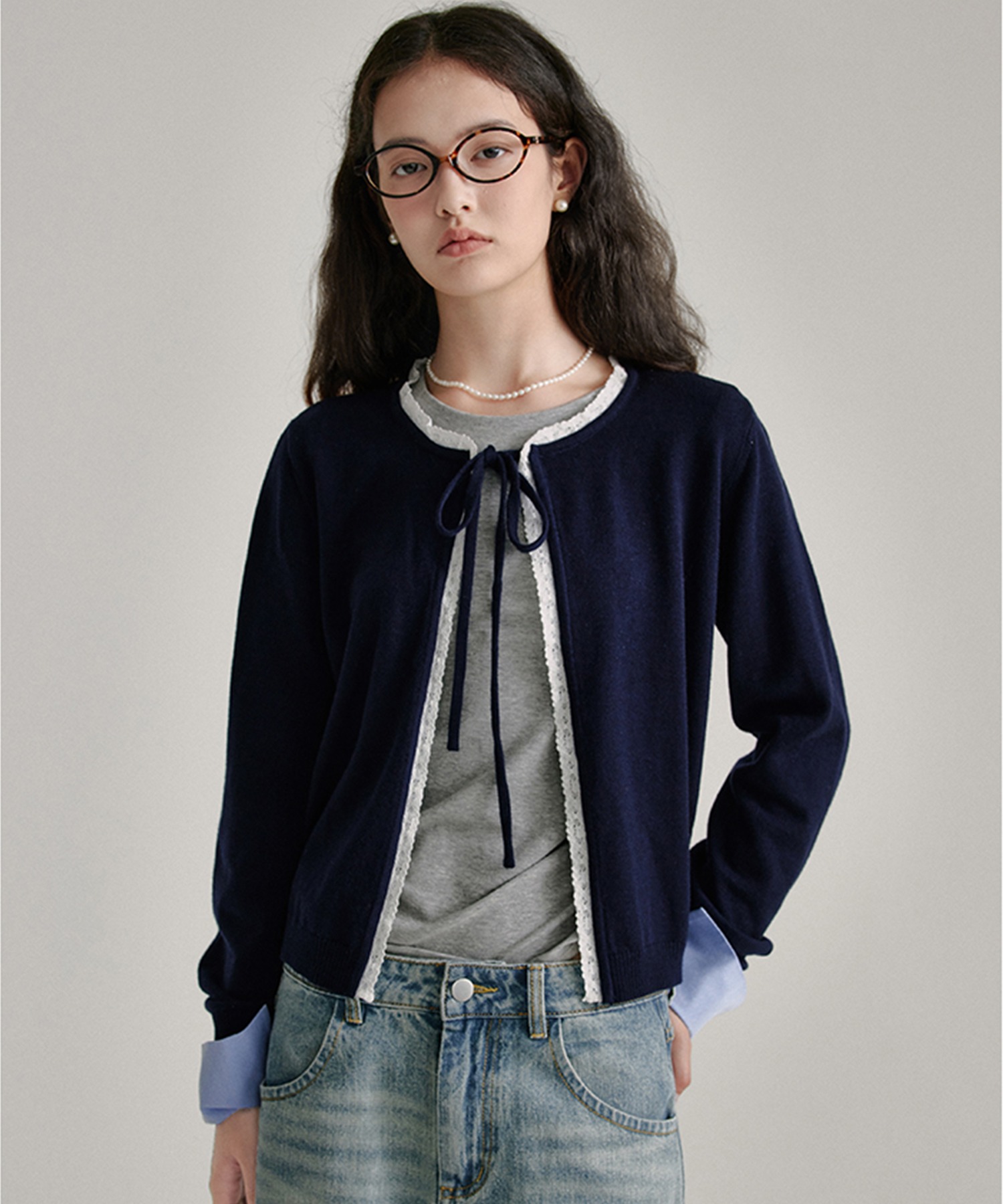 専用ニットカーディガン ウール混 フロントリボン レースニットカーディガン FQ24S160【Fano