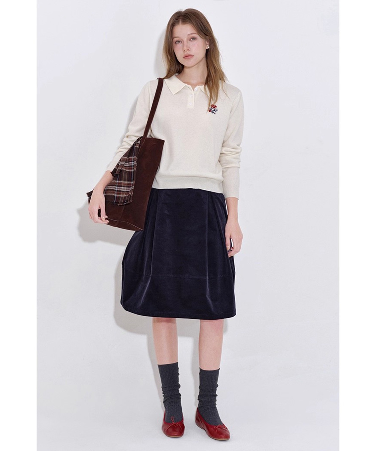 ポロカラー ワンポイント花柄刺繍 ニットトップス FD25S027