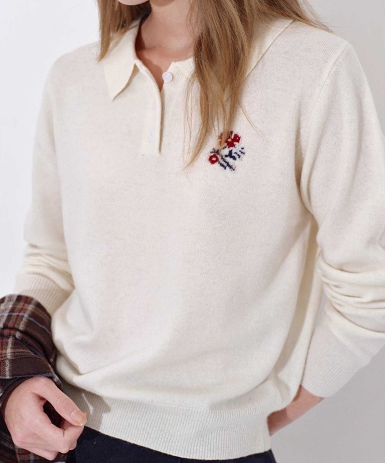 ポロカラー ワンポイント花柄刺繍 ニットトップス FD25S027