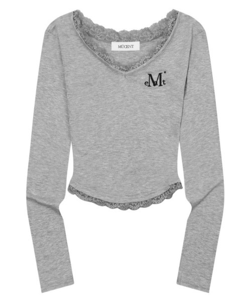 Mucent ムセント レース付き Vネック長袖Tシャツ ホワイト 韓国 A'GEM/9 × .kom 『MUCENT/ムセント』 SUNNIOR LACE V-NECK LONG SLEEVE