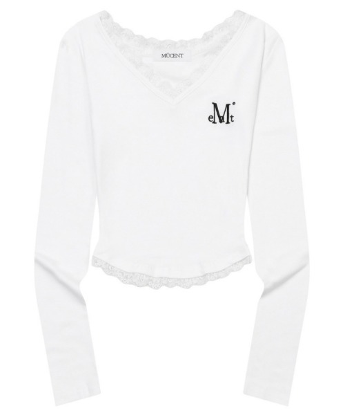 Mucent ムセント レース付き Vネック長袖Tシャツ ホワイト 韓国 A'GEM/9 × .kom 『MUCENT/ムセント』 SUNNIOR LACE V-NECK LONG SLEEVE
