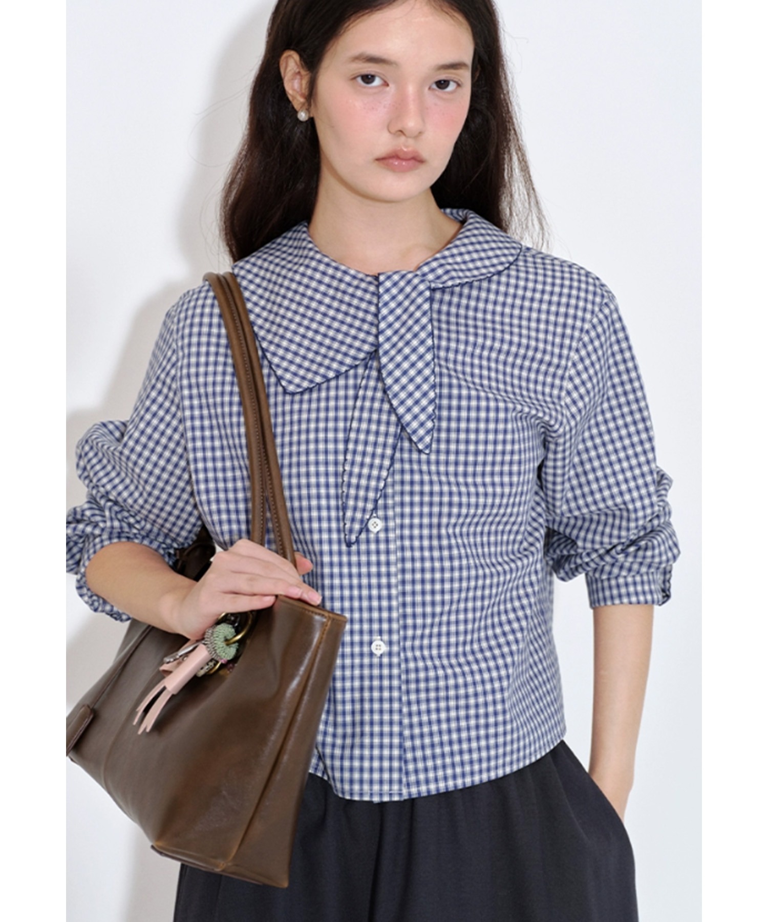 アシンメトリーカラー ショート丈 チェック柄シャツ FQ25S229【Fano