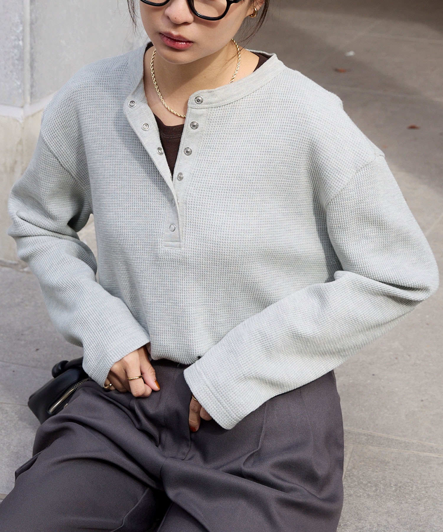 ✨RRL ヘンリーネック ワッフルカットソー グレー M ヴィンテージ ワッフルカットソー 長袖 Tシャツ カットソー Yヘンリー ヘンリー