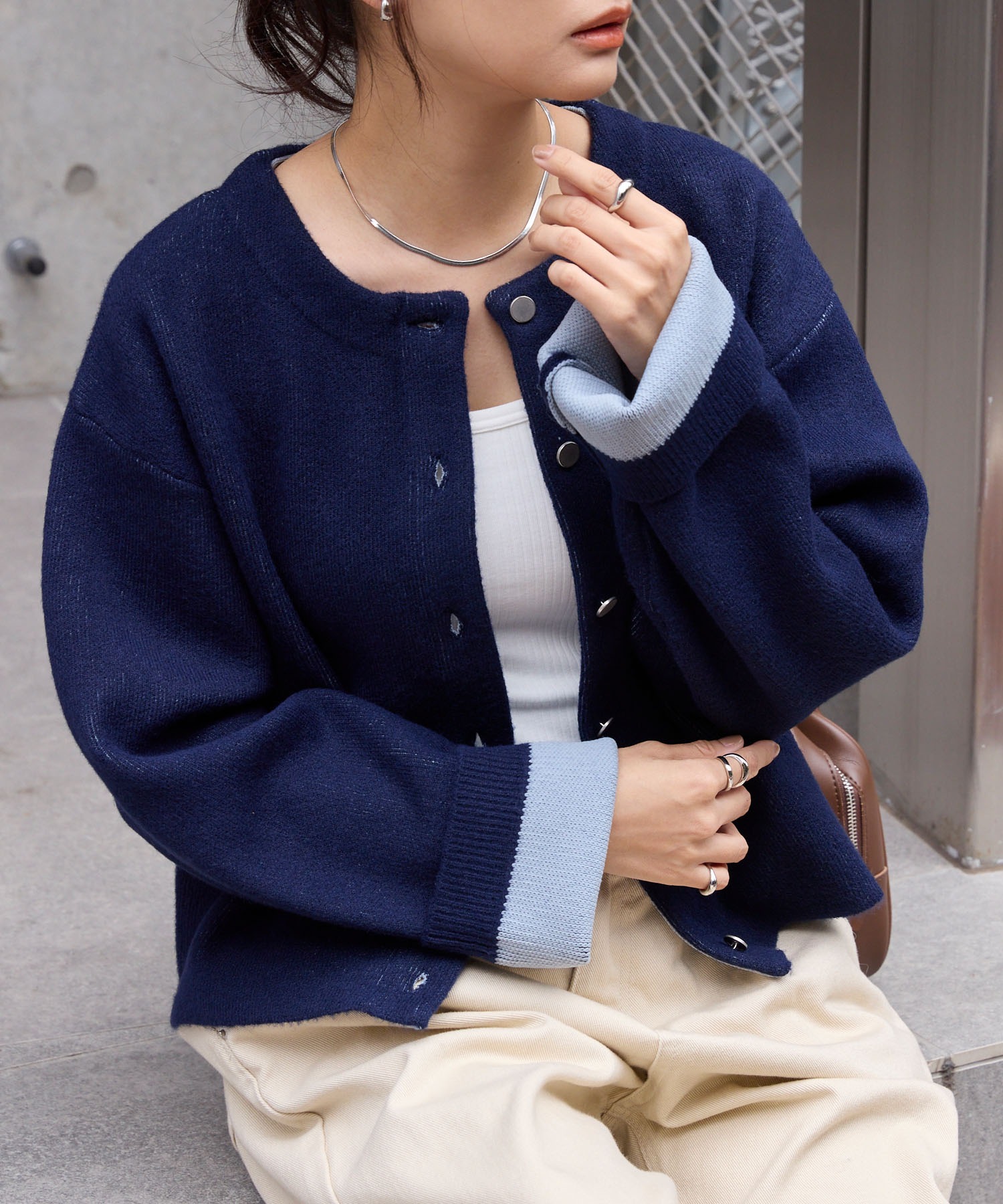 メゾンエシェル 2WAYバイカラーニットカーディガン ネイビー 2WAYバイ