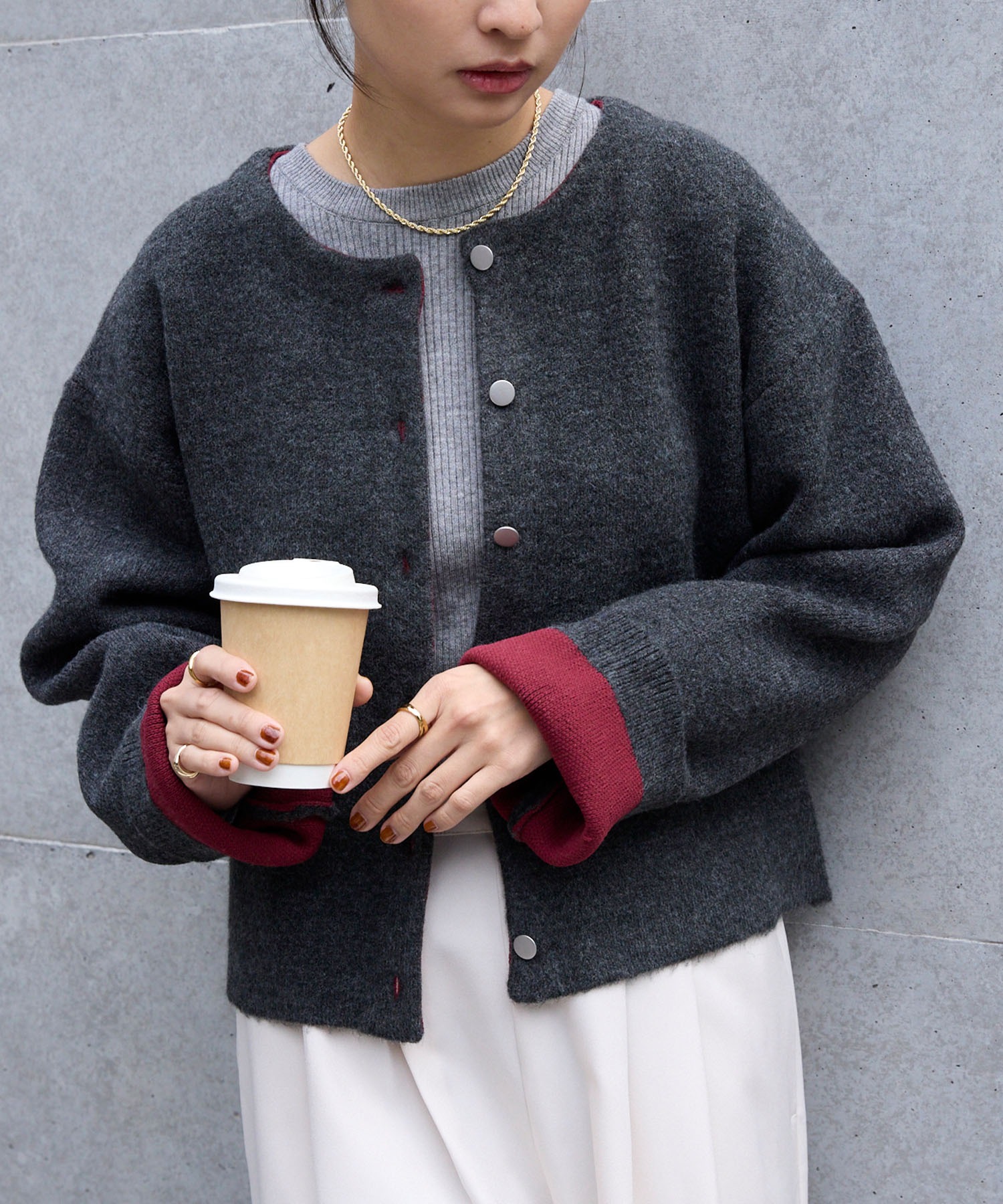 ダブルフェイス 配色 ショート丈ニットカーディガン MONO-MART│MONO