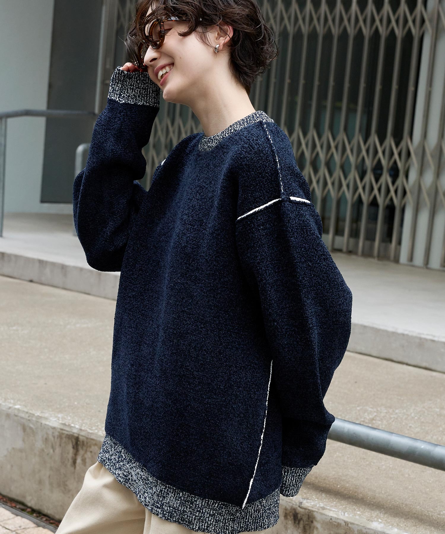 りゃあL マシンウォッシャブル/アンチピリング＞アウトリンキング配色クルー