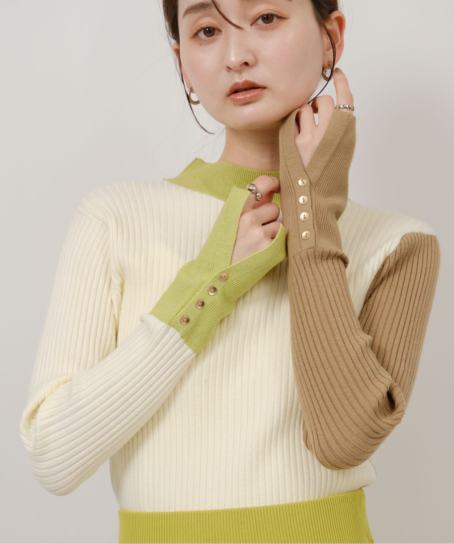 前後2way カラーブロックリブハイゲージニット Palm Riche│Eimee Law