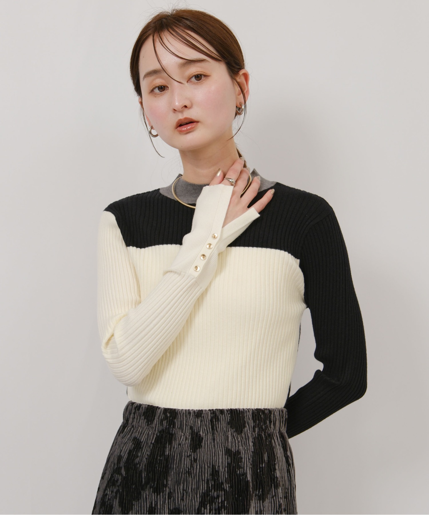 前後2way カラーブロックリブハイゲージニット Palm Riche│Eimee Law