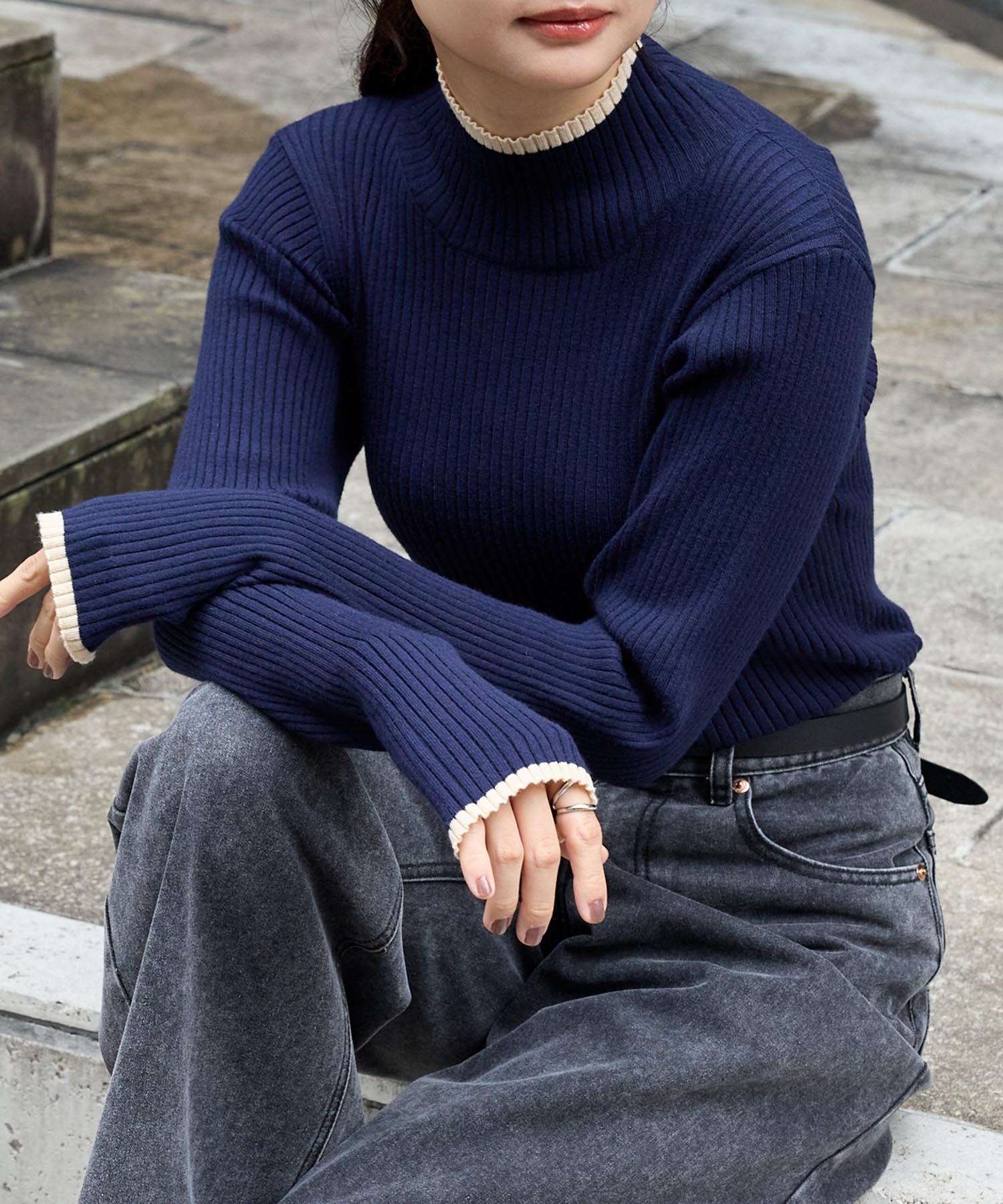 マシンウォッシャブル/アンチピリング＞配色ライン サムホール