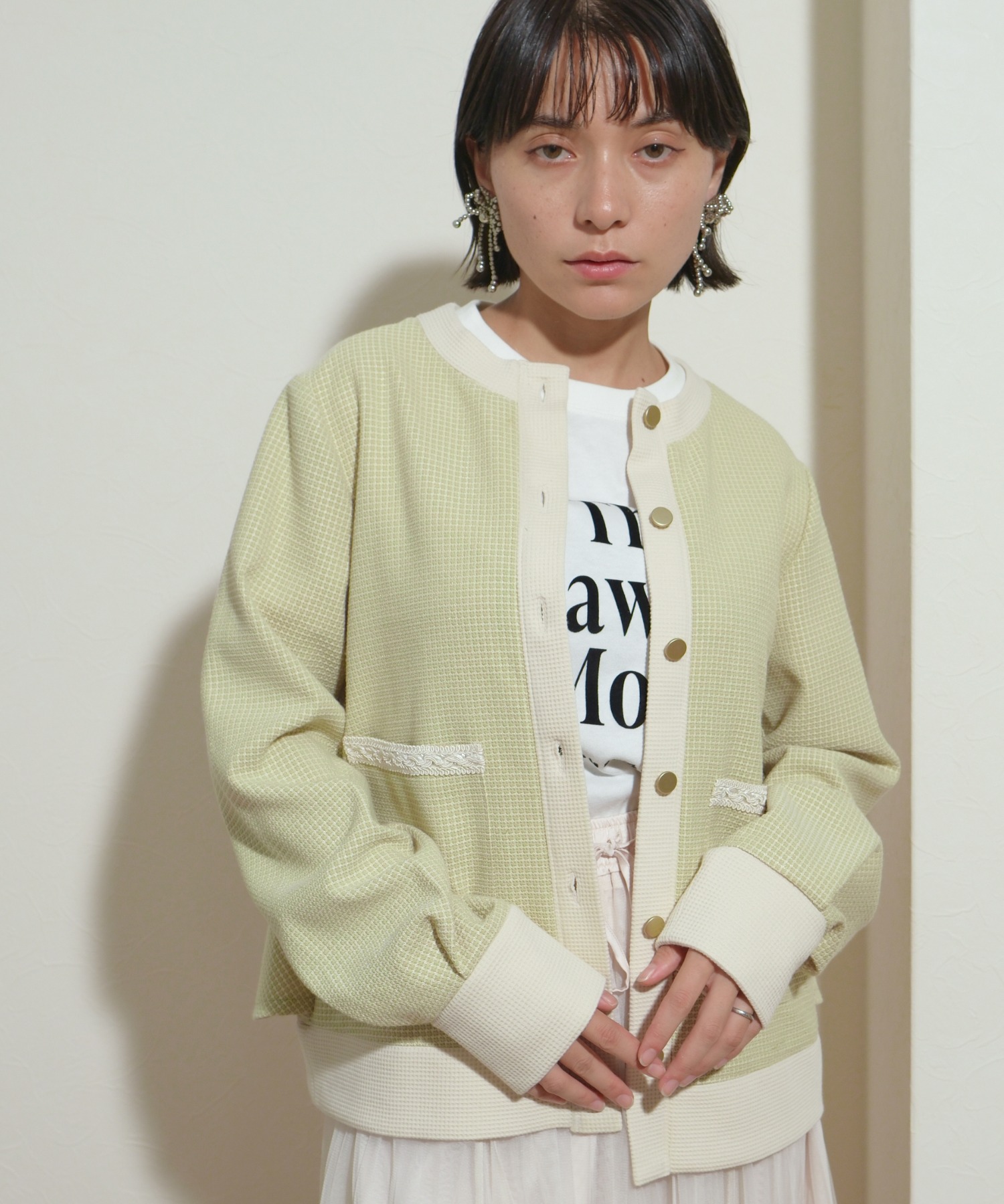 バックフリル ツイードライク バイカラーワッフルカーデ Palm Riche