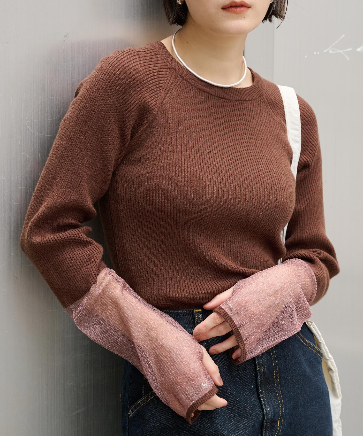 マシンウォッシャブル/アンチピリング＞袖シアー切替 クルー