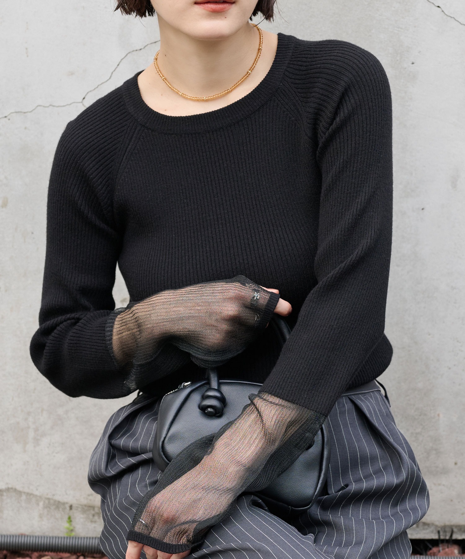 マシンウォッシャブル/アンチピリング＞袖シアー切替 クルー