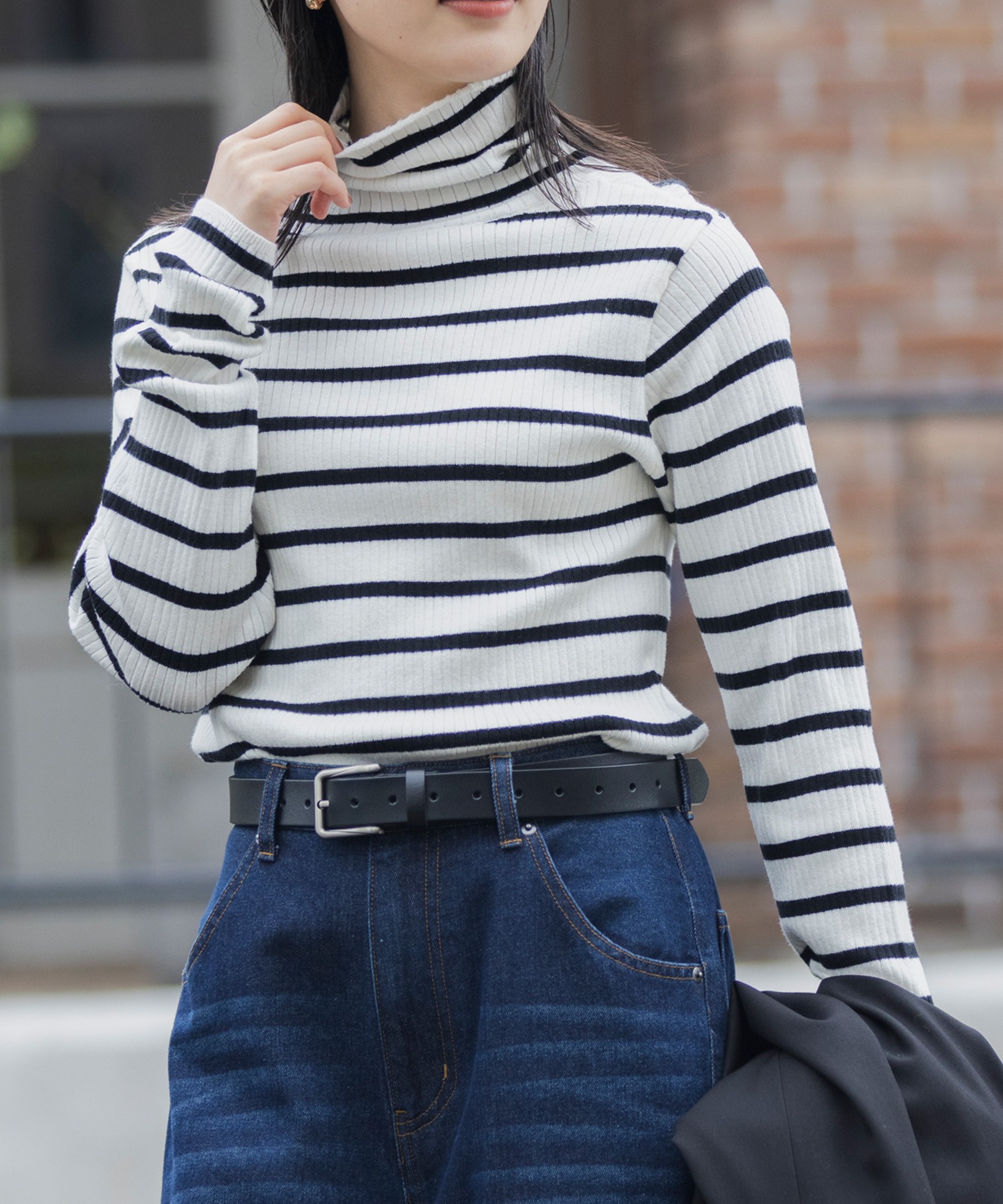 吸湿発熱〉ライン配色 ウォッシャブル タートルリブニットプル