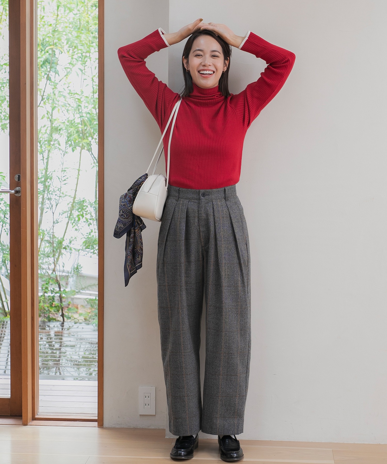 吸湿発熱〉ライン配色 ウォッシャブル タートルリブニットプルオーバー