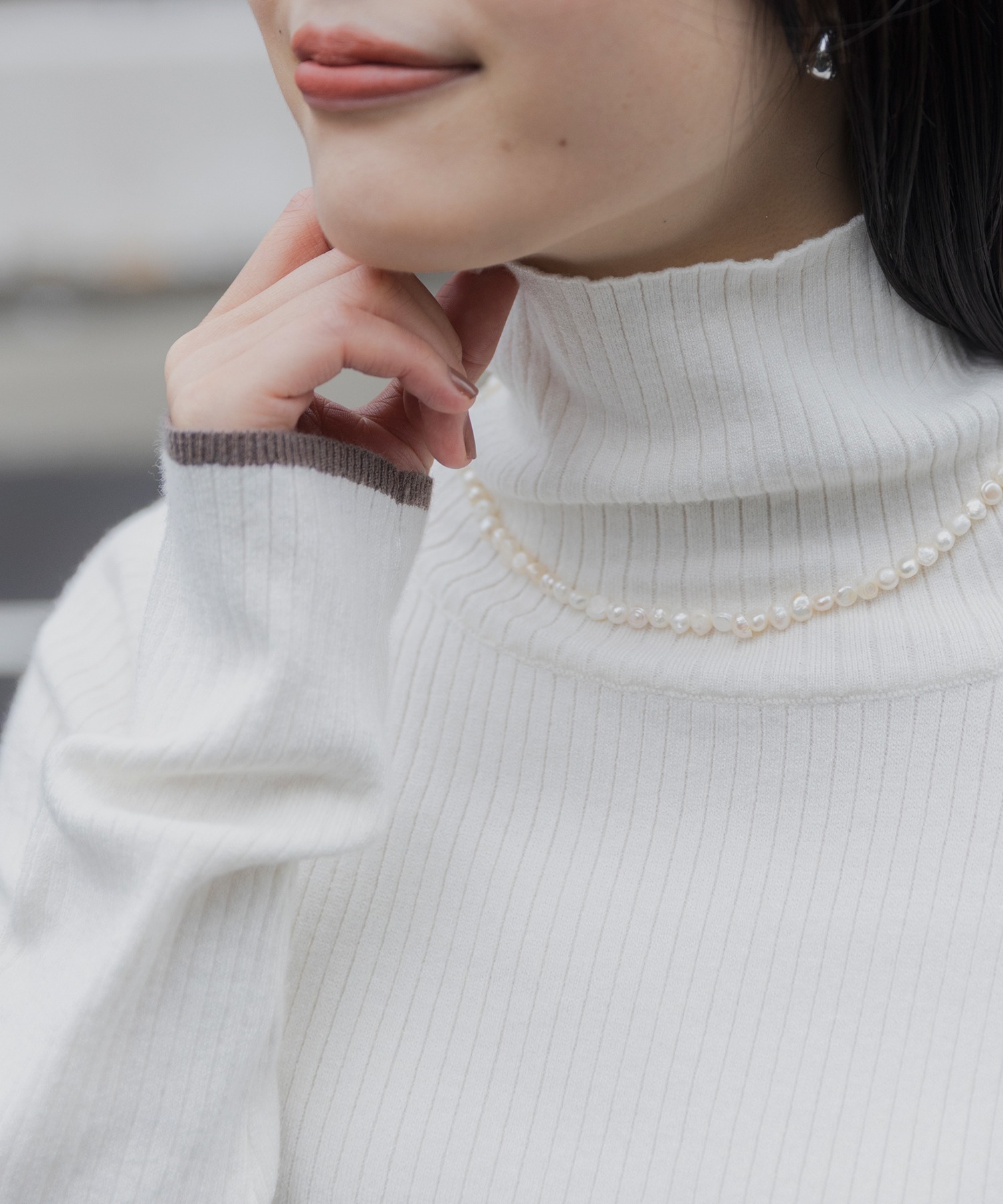 吸湿発熱〉ライン配色 ウォッシャブル タートルリブニットプルオーバー