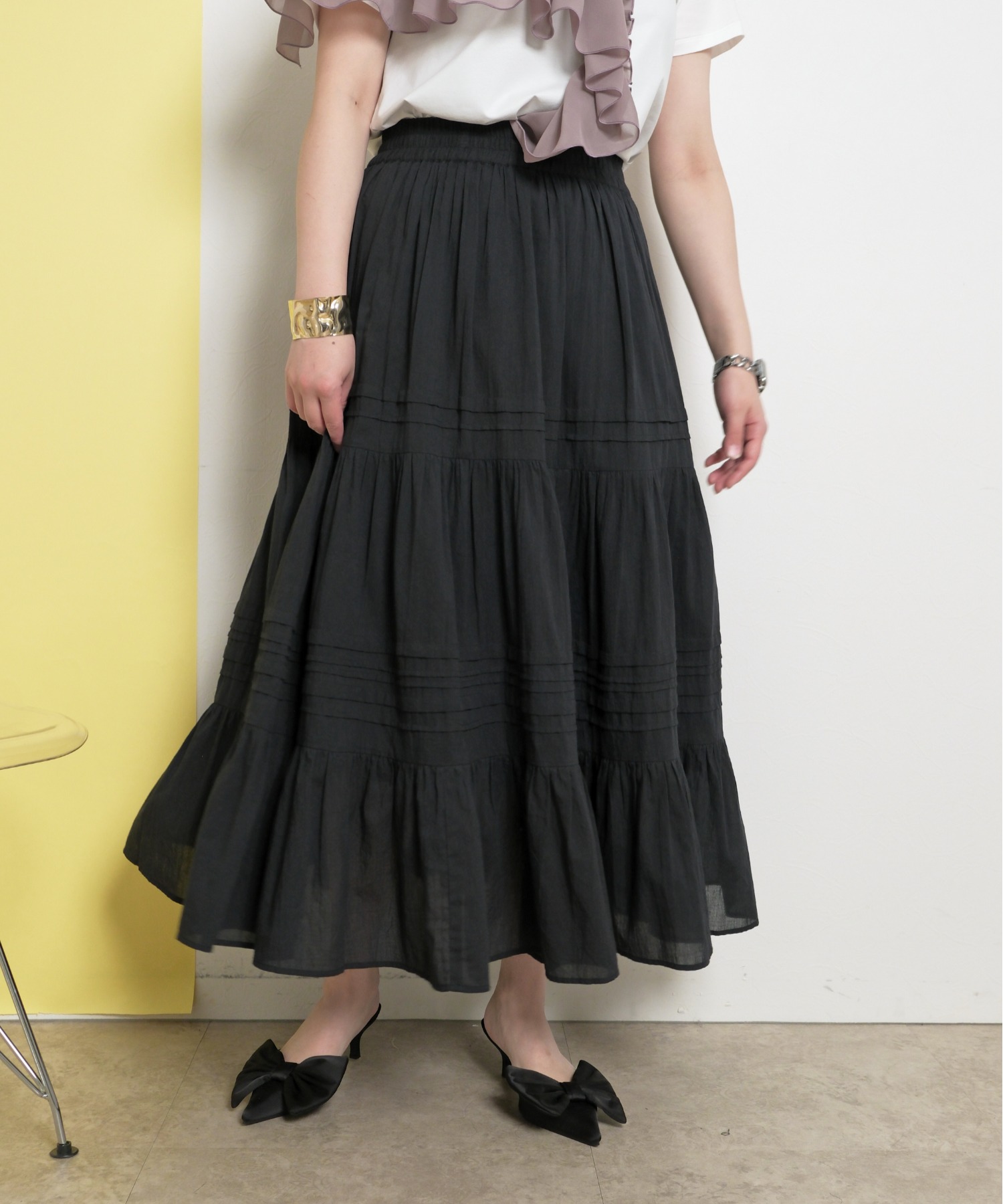 ミナペルホネン muisti シルクコットン ティアードスカート ムイスティ 黄 Rockmount - コットンフランネル無地 3段ティアードスカート