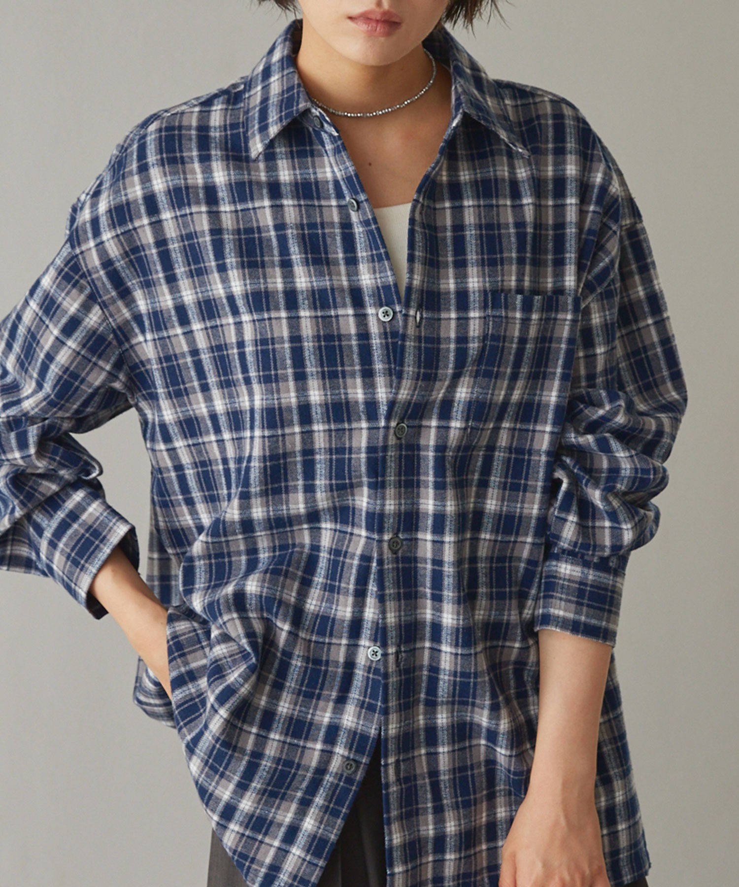 レギュラーカラーオーバーサイズボックスオンブレ―チェック