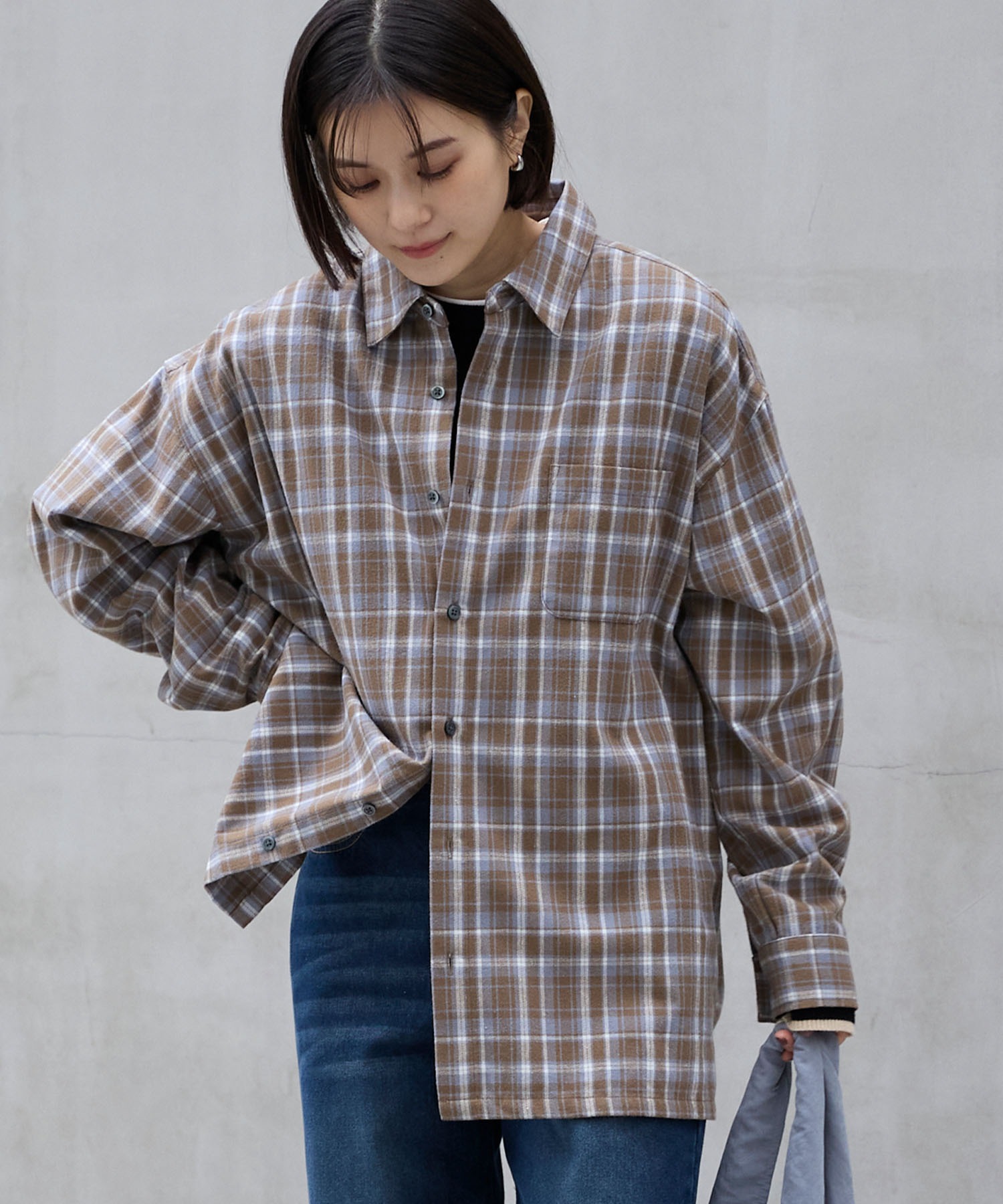 オンブレチェック オーバーサイズボックスレギュラーカラーネルシャツ