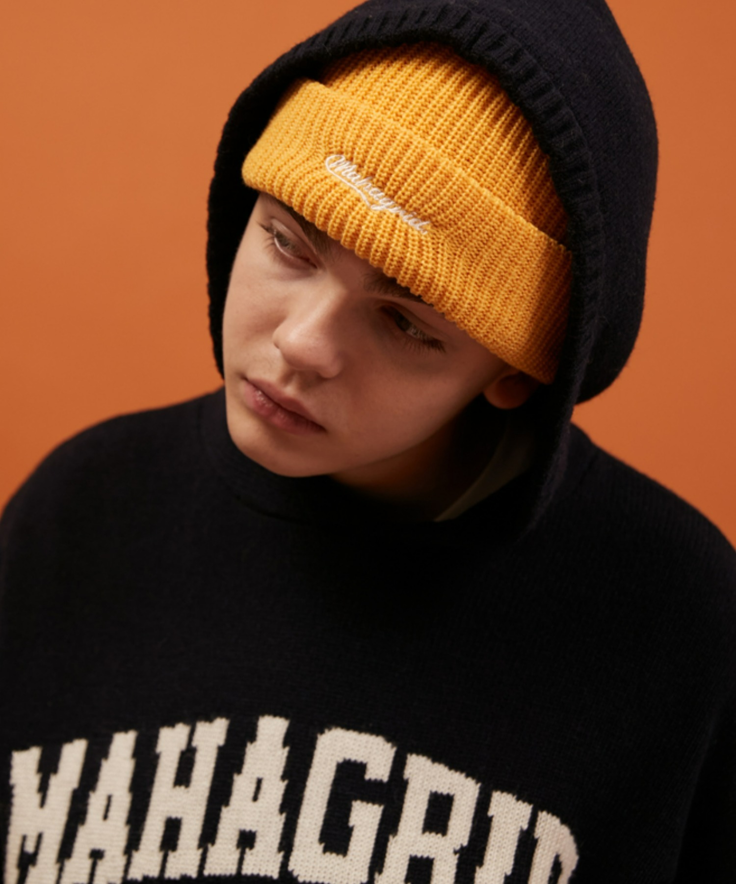 mahagrid/マハグリッド』VARSITY LOGO KNIT HOODIE/バーシティ 