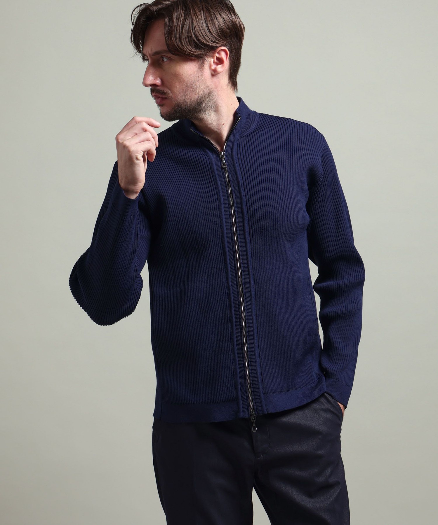 [HIDEAWAYS BLACK] Full‑zip stand‑neck blue‑zone — нить‑блузон