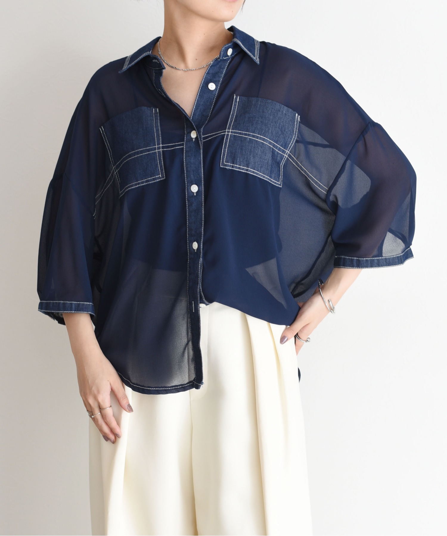 【送料無料】Eimee Law エイミーロウ デニムMIXシアーチュニックシャツ レディース 84336F-2 シアーシャツ 異素材切り替え 羽織り 長袖 体型カバー 春夏秋 NAVY デニムMIXシアーチュニックシャツ Eimee Law│Eimee Law