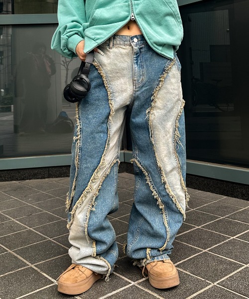 ジーンズ デニム デニムパンツ A'GEM/9 × .kom 「.KOMZ/ドットケーオーエムゼット」 「グラデ×クラッシュ×スカーフ付き ワイドデニ KOM ジーンズ デニム デニムパンツ A'GEM/9 × .kom 「.KOM