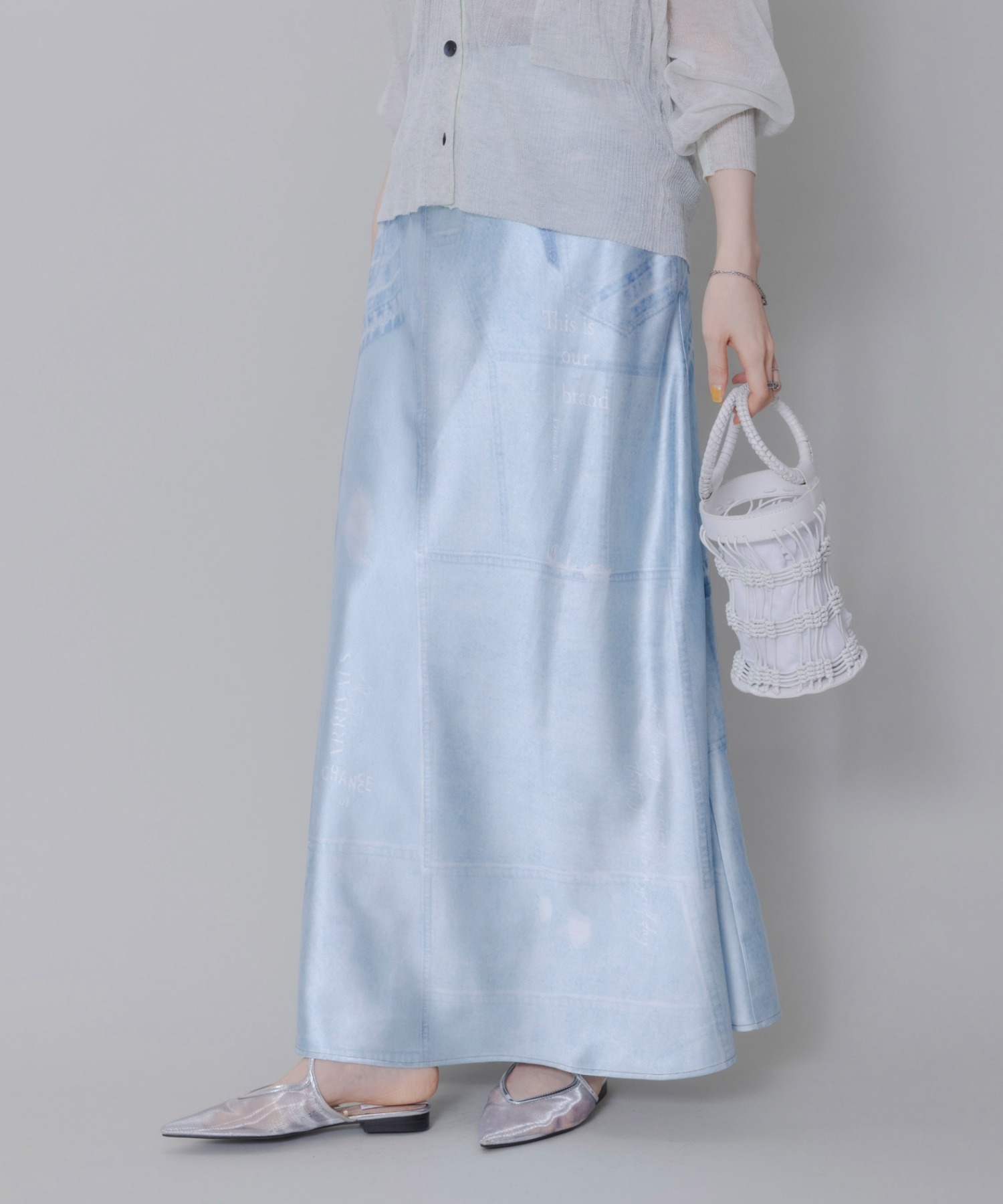 新品Eimee Law スカート パッチワークデニムプリントバイヤススカート パッチワークデニムプリントバイヤススカート Eimee Law│Eimee Law