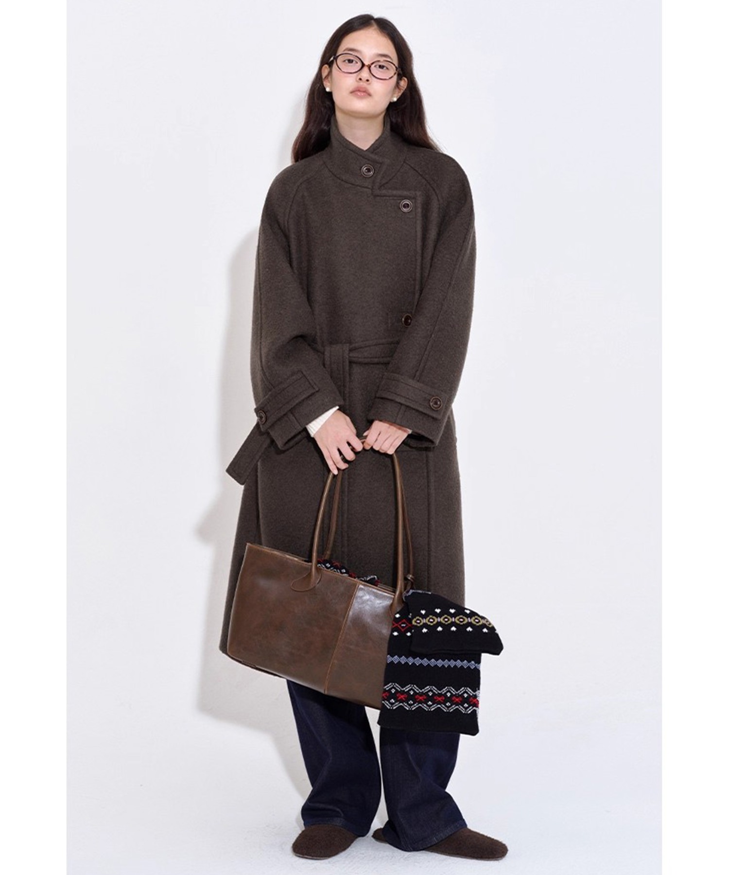 スタンドカラー バックスリット ウールロングコート FQ25W155