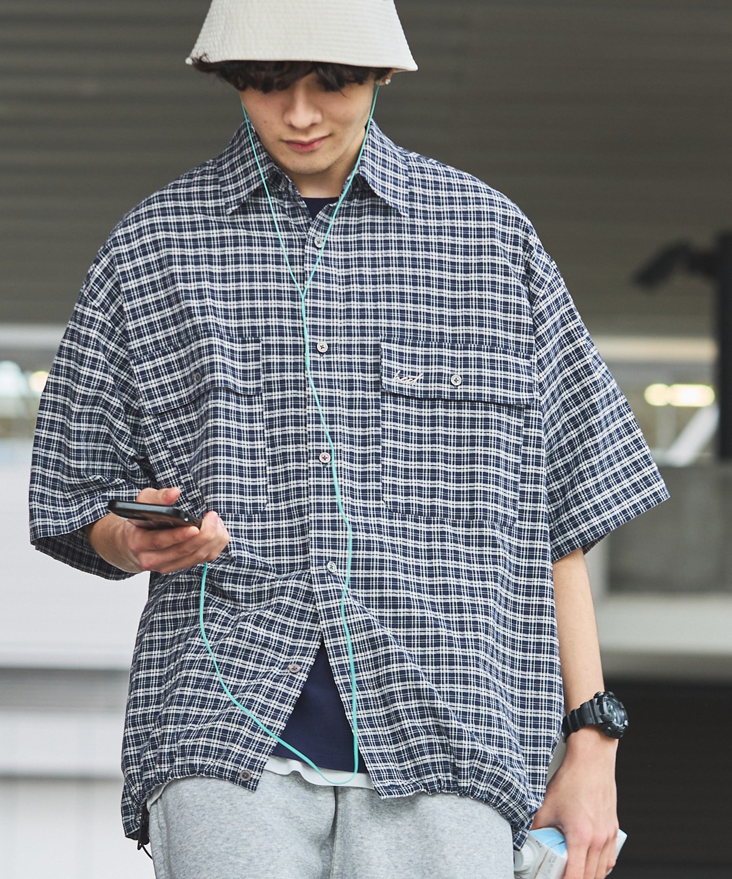 HECT】Big W-pocket Draw Cord Seersucker Check S/S Shirt / ビッグ 