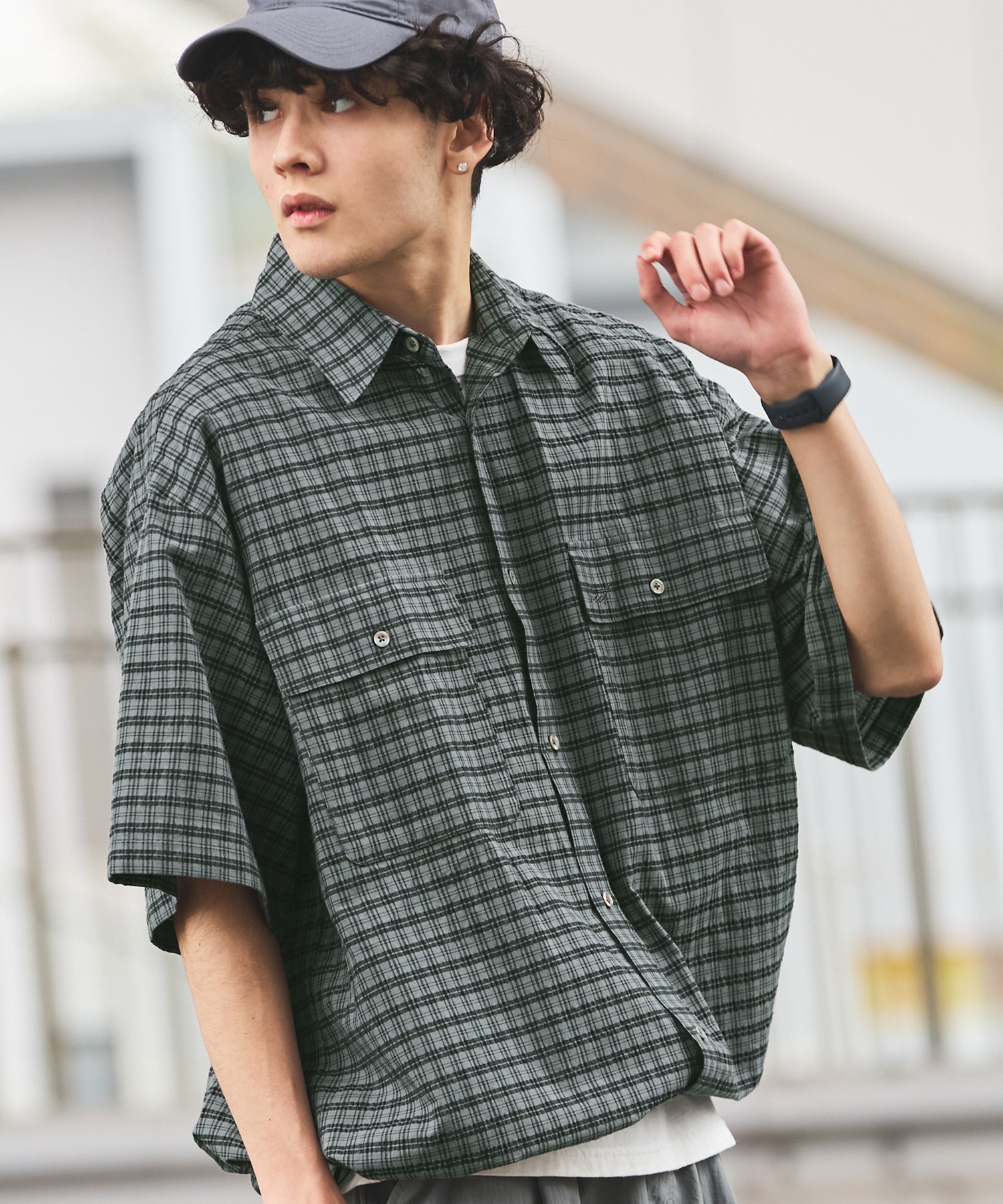 HECT】Big W-pocket Draw Cord Seersucker Check S/S Shirt / ビッグ 