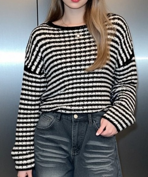 PERVERZE ボーダー クロップドニットセーター Cropped Hoodie Knit Top/Border｜PERVERZE | パーバーズの公式