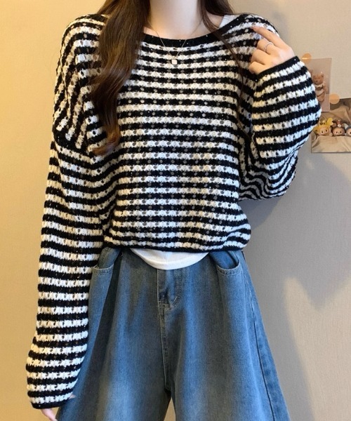 PERVERZE ボーダー クロップドニットセーター Cropped Hoodie Knit Top/Border｜PERVERZE | パーバーズの公式