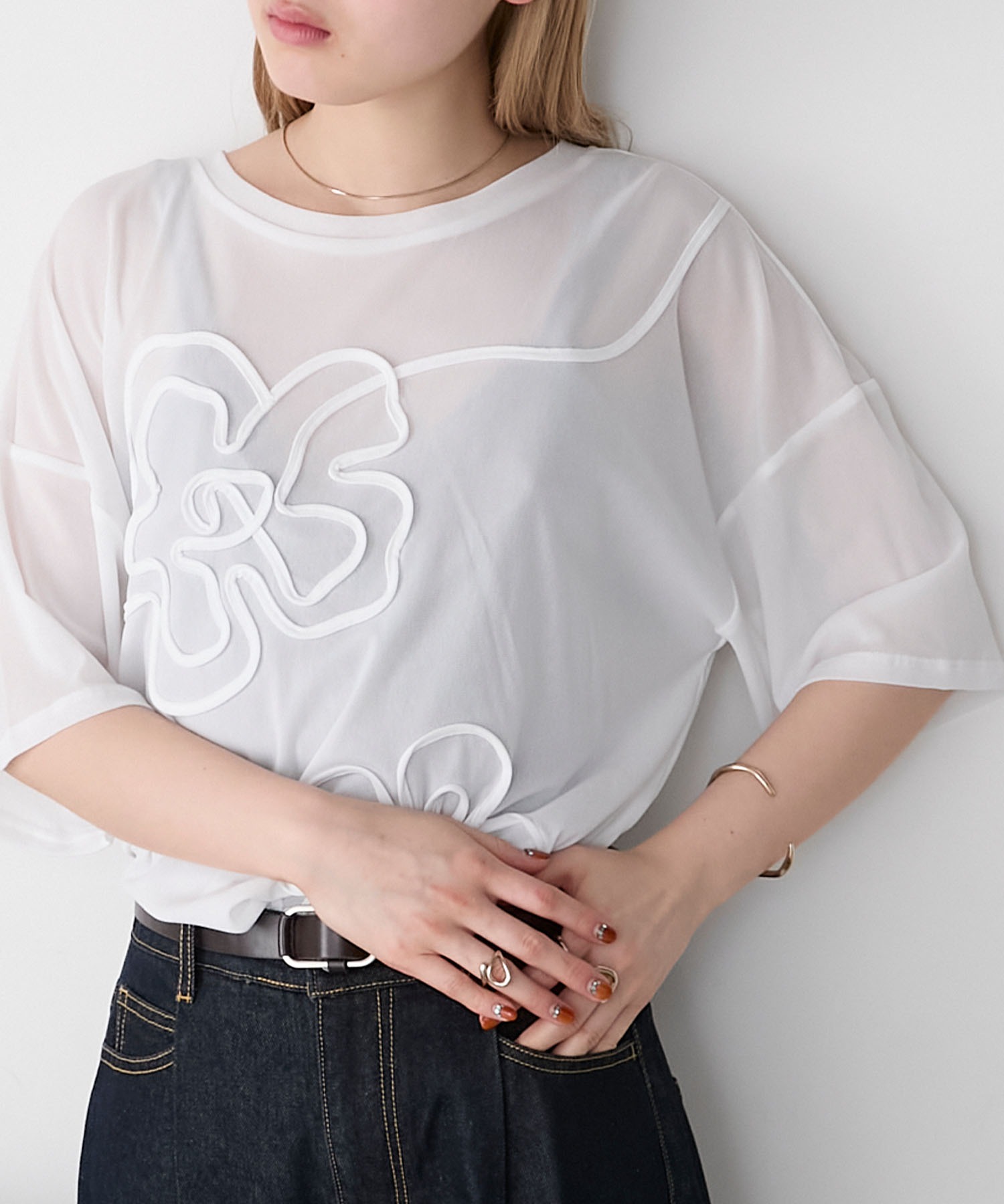 forksy.】シアー 花柄コード刺繍 Tシャツ forksy.│MONO-MART
