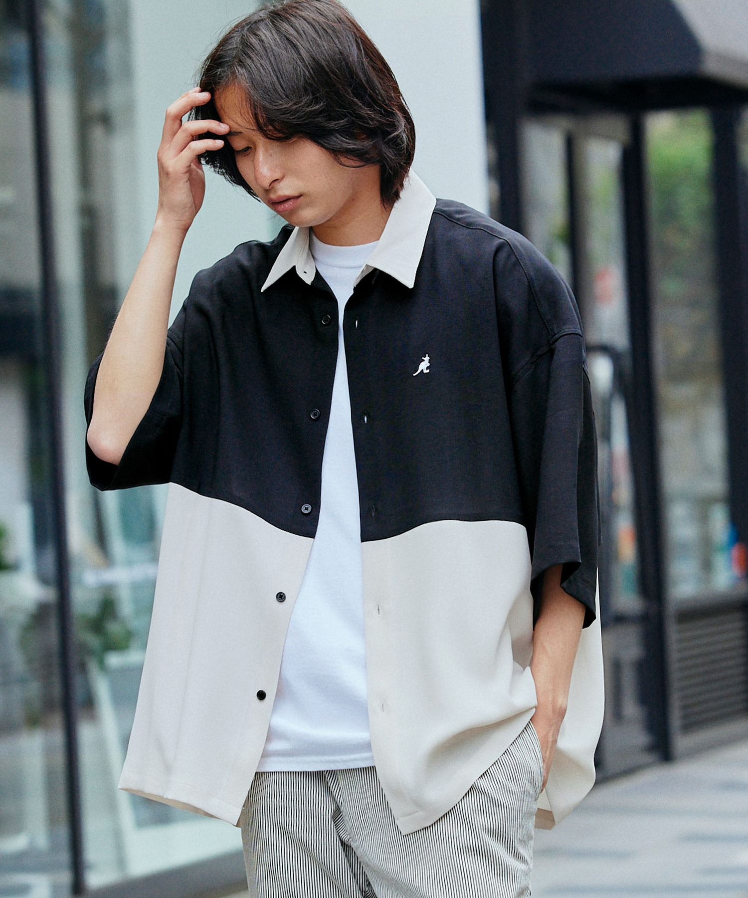 KANGOL/カンゴール 別注 ブライトポプリン オーバーサイズ ヨーク切替 1/2 sleeve レギュラーカラーシャツ