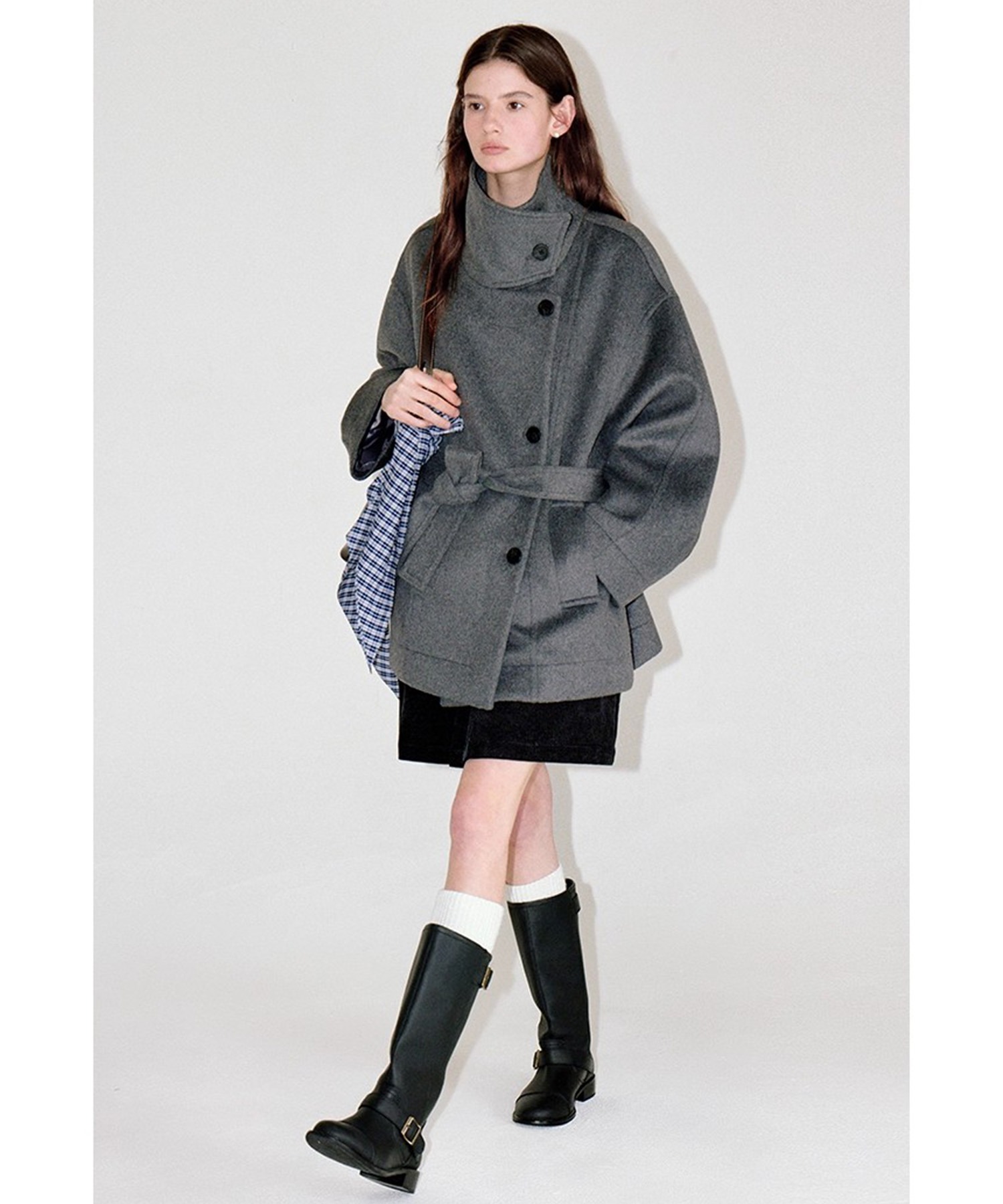 スタンドカラー ウエストベルト付き ウールハーフコート FD25W035
