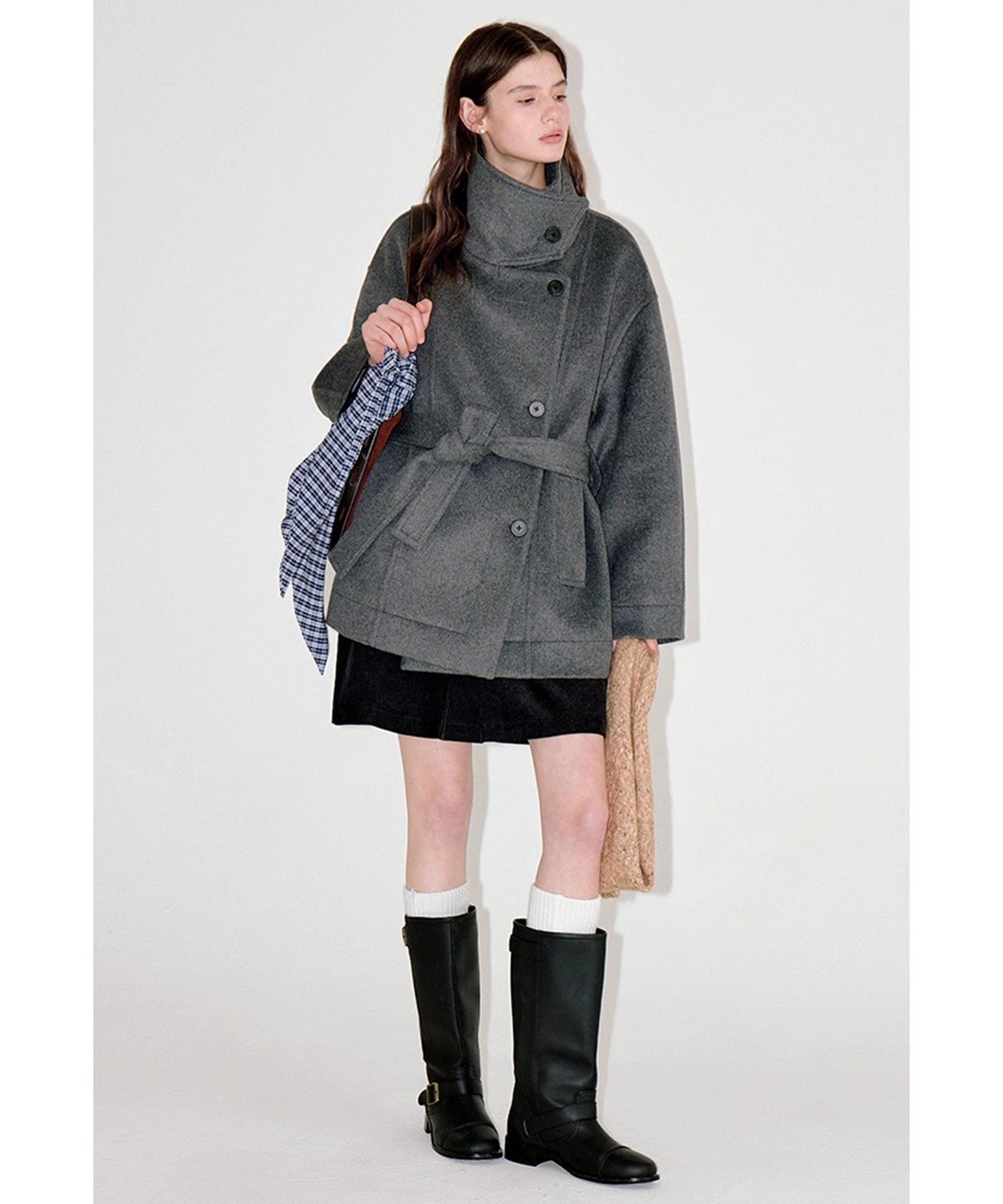 スタンドカラー ウエストベルト付き ウールハーフコート FD25W035