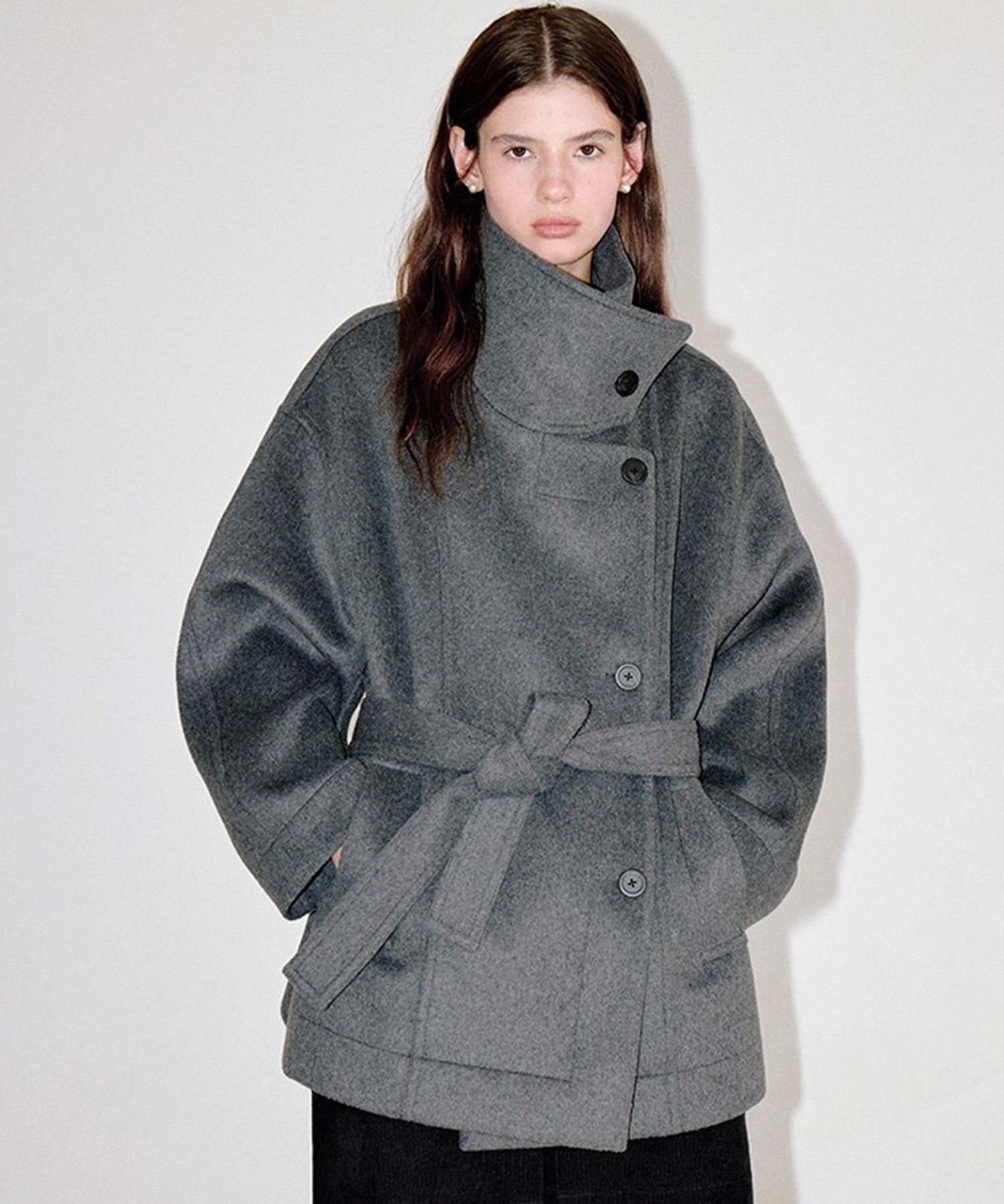 フレームワーク ウール ハーフコート ライトグレー スタンドカラー ウエストベルト付き ウールハーフコート FD25W035