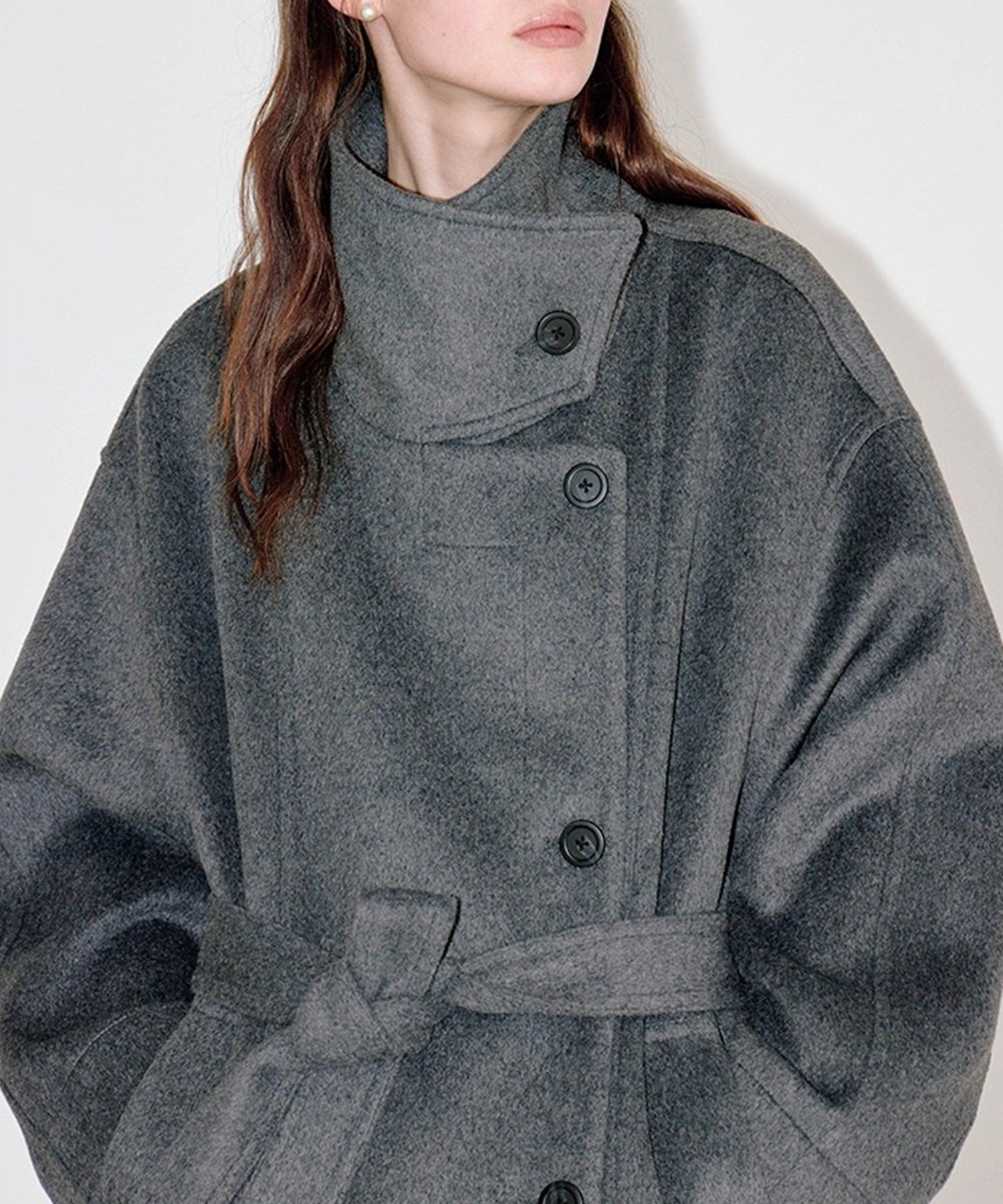 スタンドカラー ウエストベルト付き ウールハーフコート FD25W035