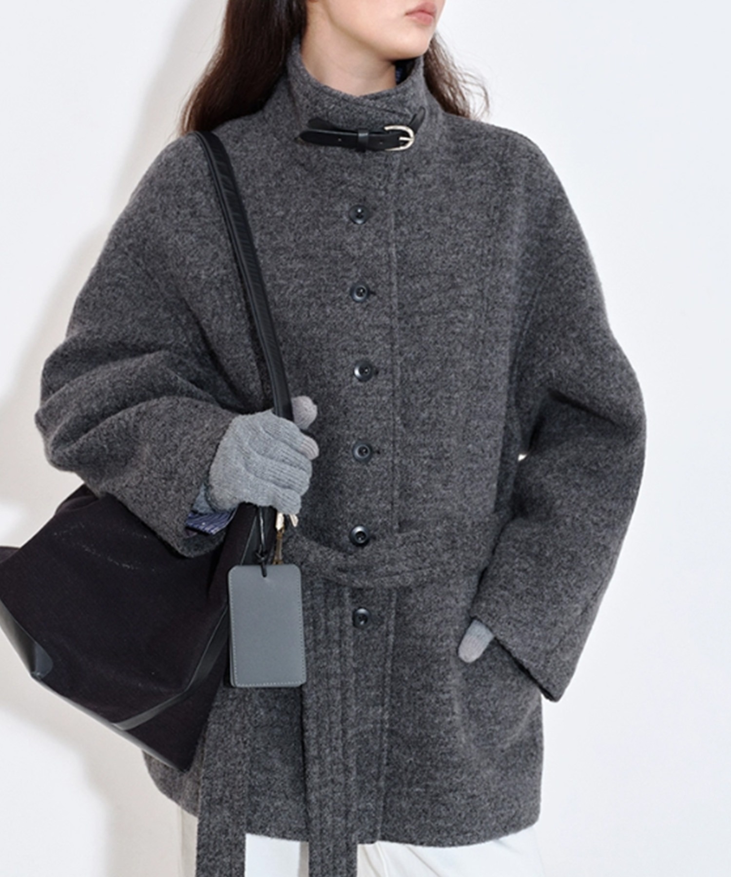 スタンドカラー ウエストベルト ウールハーフコート FQ25W125【Fano