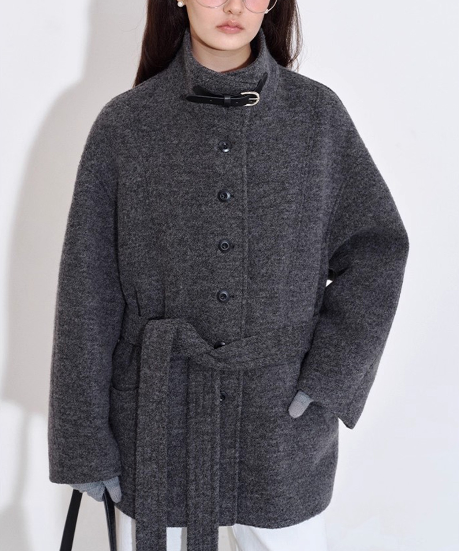 スタンドカラー ウエストベルト ウールハーフコート FQ25W125【Fano
