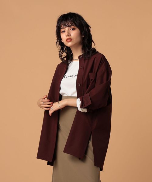 50%OFF coen コーエン レディース FEELING MADE ストレッチ＆UVカット スタンドカラー オーバーサイズシャツ ワイン