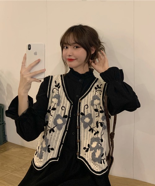 Phancha Christian Dior花柄ニット　ベスト ブラック A'GEM/9 × .kom『.kom/ドットケーオーエム』セット商品 花柄ニット