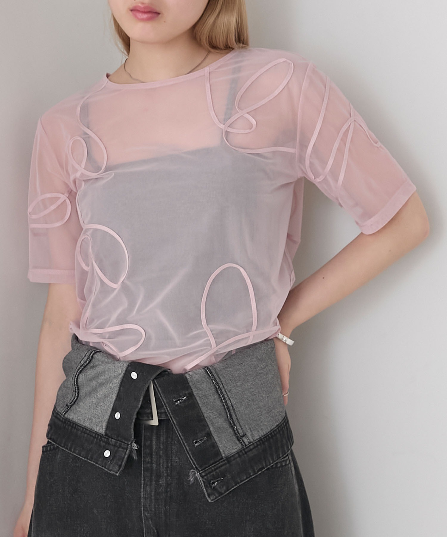 forksy.】ニュアンス柄コード刺繍シアー半袖Tシャツ forksy