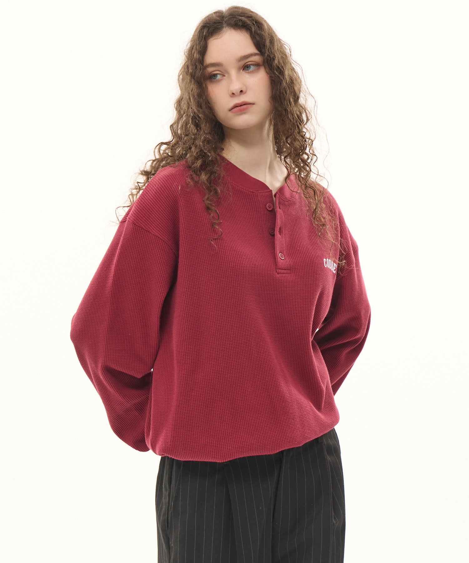 CODDERR】アーチロゴ刺繍 ドローコード ヘンリーネック サーマル長袖T