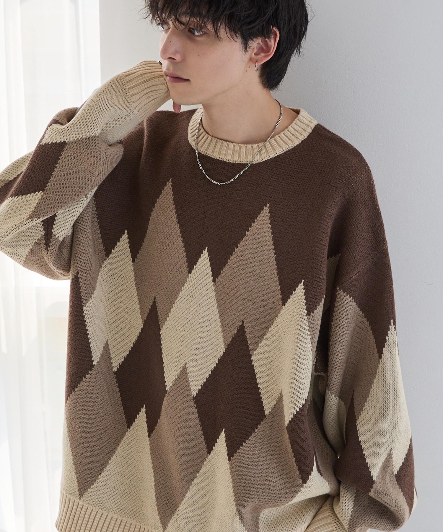 限定値下げ【早い者勝ち】【貴重】トルネードマート★ガルーダウイングベルト★茶★ ウォッシャブル> ジャガード ルーズクルーネックニット MONO