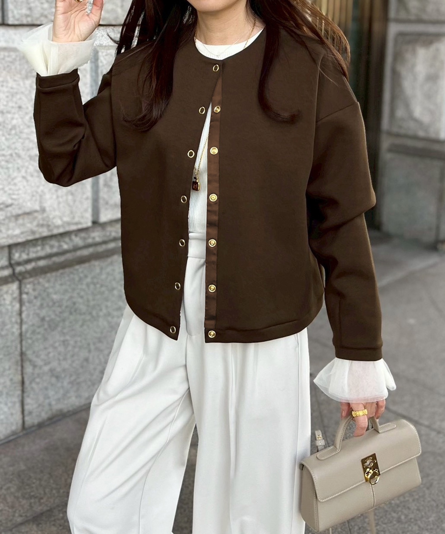 IRENE ASYMMETRICAL CLASSIC JACKET撮影時のみ使用 大人カーデ】ダンボールノーカラージャケット Emma Taylor│STYLEDOOR