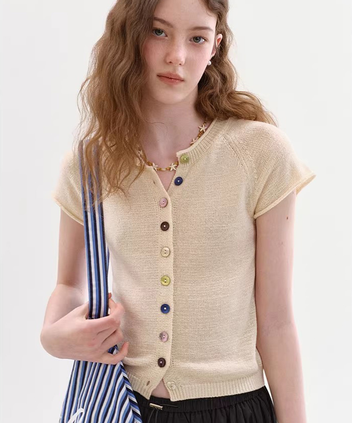 Settefili Cashmere コットン パイル 半袖 カーディガン 春夏 カラーシェルボタン サマーニット カーディガン FX26S032【Fano